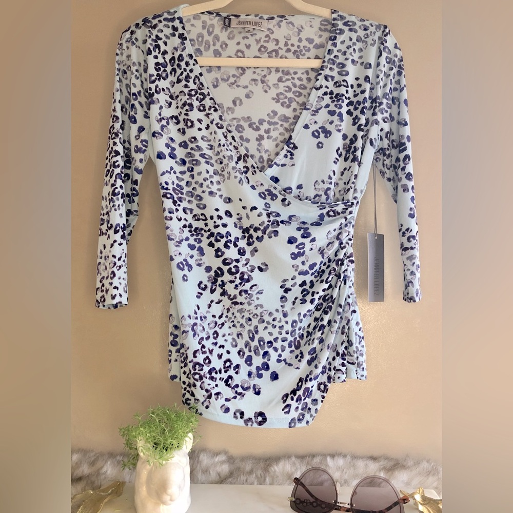 NWT Jennifer Lopez Baby Blue Animal Print Wrap Top, Size XS